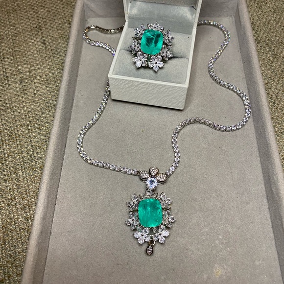 S925 huge Paraiba Tourmaline flower bridal jewelry set - Picture 9 of 16